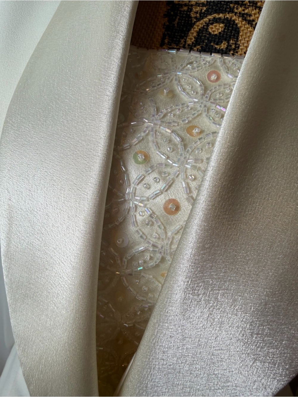 Vintage Ivory Satin Tuxedo Blazer Beaded Illusion Top Sheer Sleeve 10P - Picture 3 of 10